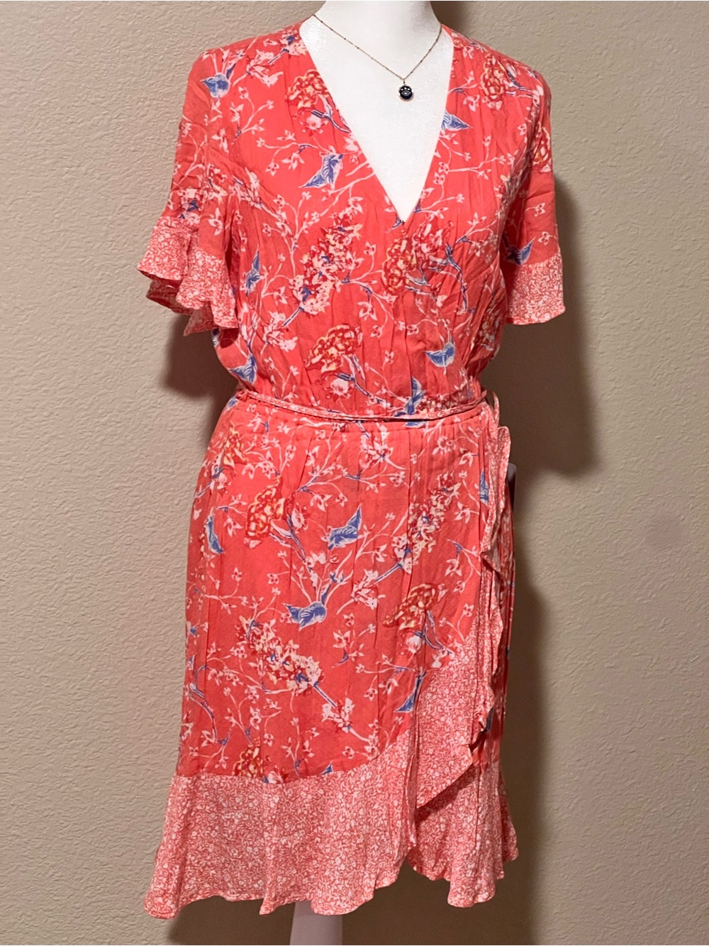 DR2 Coral Floral Wrap Midi Dress with Blue Accent